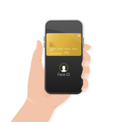 Abstract credit card with smartphone for mobile app design. Hand holding smartphone.