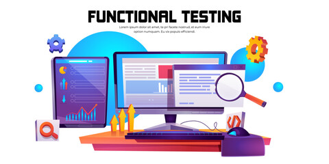 Functional testing banner. Methodology of programming, search errors and bugs in software, quality control of program or app. Vector cartoon illustration of function test with computer screen