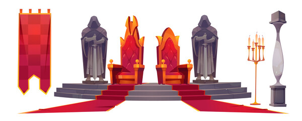 Medieval castle interior with gold royal thrones. Vector cartoon set of king and queen chairs, stone statues of knights with sword, red carpet, flag and candles isolated on white background