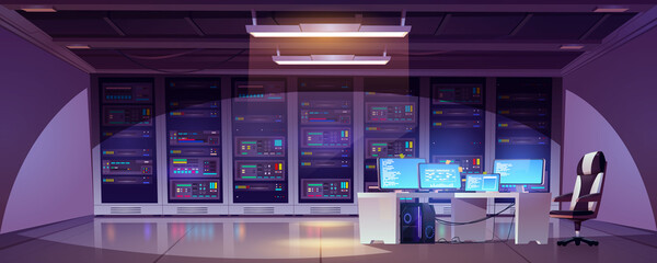 Data center room with server racks, computer monitors on desk and chair. Vector cartoon interior of information storage office with control panel, hardware for network and hosting service
