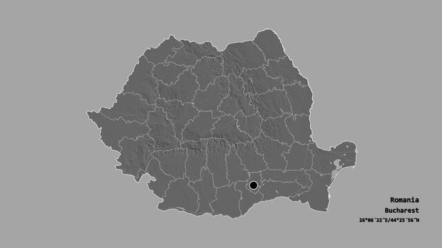 Giurgiu, county of Romania, with its capital, localized, outlined and zoomed with informative overlays on a bilevel map in the Stereographic projection. Animation 3D