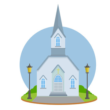 Cartoon flat illustration - religious building. Catholic Protestant Church for prayer. blue white house with a spire and Windows. kirk for clergy. element of city. environment of the urban town