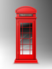 Vintage red telephone booth, classic London retro phone box. Close public English cabin for talks and communication, United Kingdom design isolated on grey background. Realistic 3d vector illustration