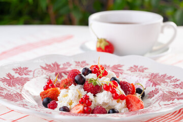 dessert with fresh berries on a red vintage plate. Farm cottage cheese