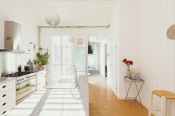 Bright white open ln kitchen interior in stylish home for single family