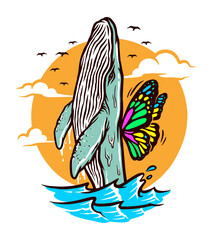 a whale wants to fly vector illustration