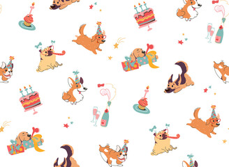 Fototapeta premium Vector background with dogs and cakes. Corgi puppies, pug, English bulldog, German shepherd, Labrador. Flat seamless texture of festive attributes for a dog party. Isolated print with cute animals