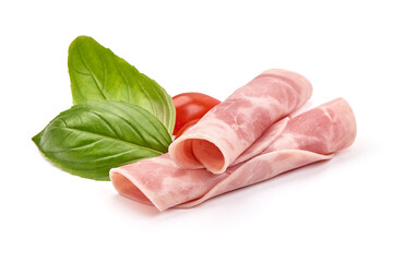 Boiled Ham Slices, close-up, isolated on a white background