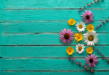 colorful flowers on wooden background