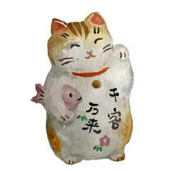 Japan cat symbol and japanese culture set of watercolor illustrations. Traditional symbols of Japanese tourists.
