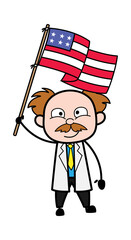 Cartoon Scientist holding Flag of USA
