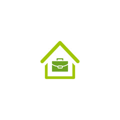 Green Home office icon. Working at home. House and suitcase inside it.