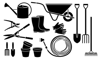 Silhouettes noires de quelques objets de jardinage. © ID-EasyDoor
