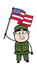 Cartoon Military Man holding Flag of USA