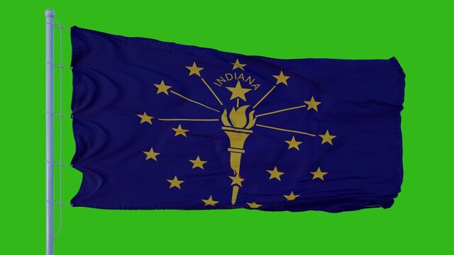 State flag of Indiana waving in the wind against green screen background. 3d illustration