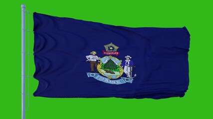 State flag of Maine waving in the wind against green screen background. 3d illustration