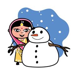 Cartoon Indian Woman with snowman