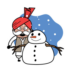Cartoon Haryanvi Old Man with snowman