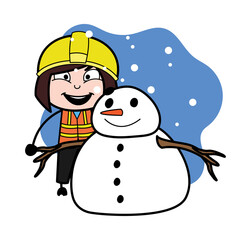 Cartoon Lady Engineer with snowman