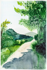 vertical landscape with path between overgrown green hills on sunny summer day hand painted by watercolour paints on white textured paper