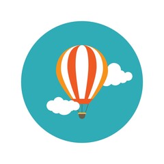 Orange hot air balloon flying in the blue sky with clouds. Flat cartoon design.