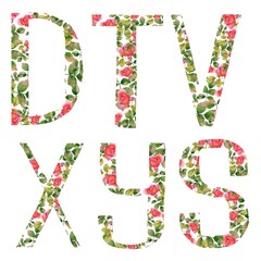 a set of letters from flowers, watercolor drawing; isolated elegant letters for decoration of postcards, congratulations