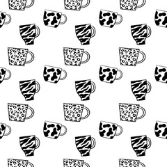 Seamless animalisctic crockery vector pattern on white background. Hand drawn utensil in inky style. Perfect for wallpaper or fabric. Black and white illustration. Tea party