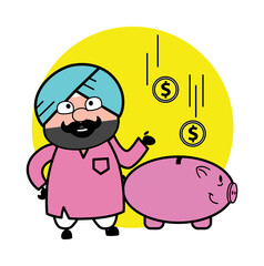 Cartoon Cute Sardar saving money in piggy bank