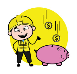 Cartoon Engineer saving money in piggy bank