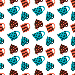 Seamless crockery vector pattern on white background. Hand drawn utensil. Perfect for wallpaper or fabric. Brown, beige and blue tea cups. Tea party