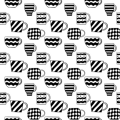 Seamless crockery vector pattern on white background. Hand drawn utensil in inky style. Perfect for wallpaper or fabric. Black and white illustration. Tea party.