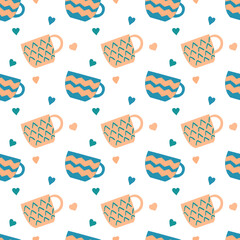 Seamless crockery vector pattern on white background. Hand drawn utensil. Perfect for wallpaper or fabric. Pink and blue tea cups with little hearts. Tea party