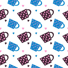 Seamless crockery vector pattern on white background. Hand drawn utensil. Perfect for wallpaper or fabric. Blue and purple tea cups with pink, blue and purple hearts. Tea party