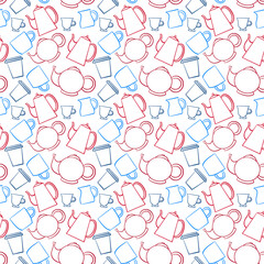 Seamless crockery vector pattern on white background. Hand drawn utensil in inky style. Perfect for wallpaper or fabric. Red and blue illustration. Tea party