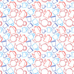 Seamless crockery vector pattern on white background. Hand drawn utensil in inky style. Perfect for wallpaper or fabric. Red and blue illustration. Tea party