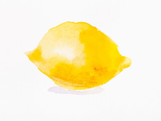 ripe yellow lemon hand painted by watercolour paints on white textured paper