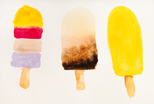 three various popsicles on sticks hand painted by watercolour paints on creamy textured paper