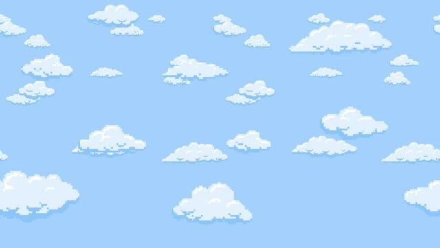 Cartoon clouds floating on the blue sky background, pixelated. Seamless looping animation.