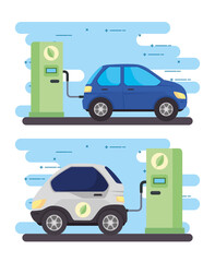 set banner, electric vehicles cars in charging station road