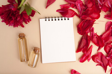 Recipes beauty concept. Notebook, essence bottles, flower petals flat lay with copy space