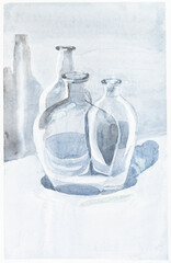 vertical still life with empty glass bottles on table hand painted by watercolour paints on white textured paper