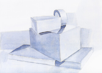 still life with several boxes and masking tape on table hand painted by watercolour paints on white textured paper