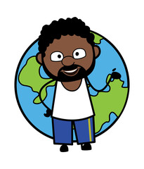 Cartoon African American Man with planet earth
