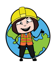 Cartoon Lady Engineer with planet earth