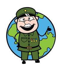 Cartoon Military Man with planet earth
