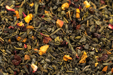  Leaves of Chinese Dry Tea Top Grade with Goji Berries and Powdered Acai on White Background