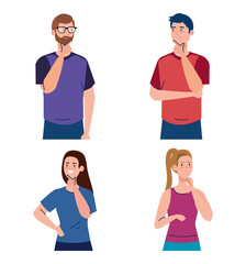 thoughtful people, young men and women thinking or solving problem