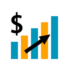 Financial growth chart with arrow and money sign. Successful business symbol. Isolated object. Vector illustration in a flat style.