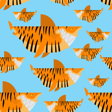 Tiger Shark Pattern Seamless. Sea Animal Predator Background. Vector Texture. Baby Fabric Ornament