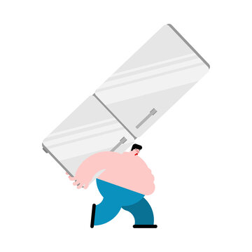 Fat Man Carries Refrigerator. Gluttony Concept. Vector Illustration